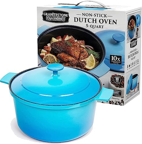 Lightweight 5 Qt Dutch Oven Set 10 in 1 Nonstick Enameled Dutch Oven Pot with Lid Stock Pot Cooking Pot Dutch Oven for Sourdough Bread Baking, Oven/Dishwasher Safe, Non Toxic  Granitestone Blue