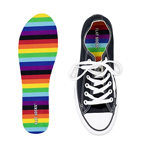 FLAT SOCKS No Show Socks, Sockless Liner, No Slipping, No Stinking, Washable Barefoot Shoe Insert, Multi-Colored Patterns, Rainbow, Large