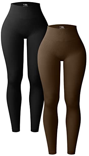 OQQ Women's 2 Piece Yoga Legging Ribbed Seamless Workout High Waist Athletic Pant, Black Coffee, Medium