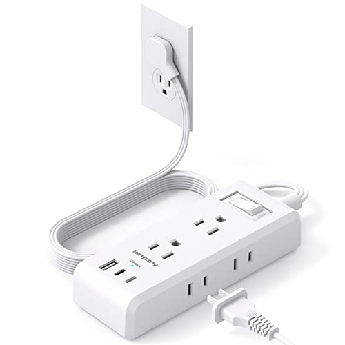 Flat Plug Power Strip, Ultra Thin Extension Cord, 6 Outlets 3 USB Ports(2 USB C), 5ft Multiple Outlet Extender with Wall Mount No Surge Protector for Office, Dorm Room, Cruise, Travel Essentials