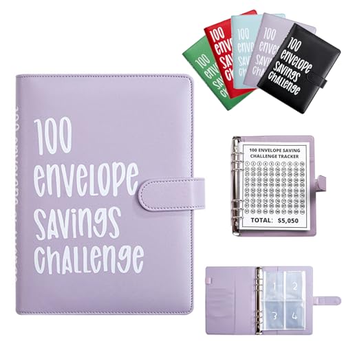 100 Envelopes Challenge Binder A5 Money Saving Binder,Easy and Fun Way to Save $5,050,Money Savings Budget Planner Book with Cash Envelopes for Budgeting Planner (Purple)