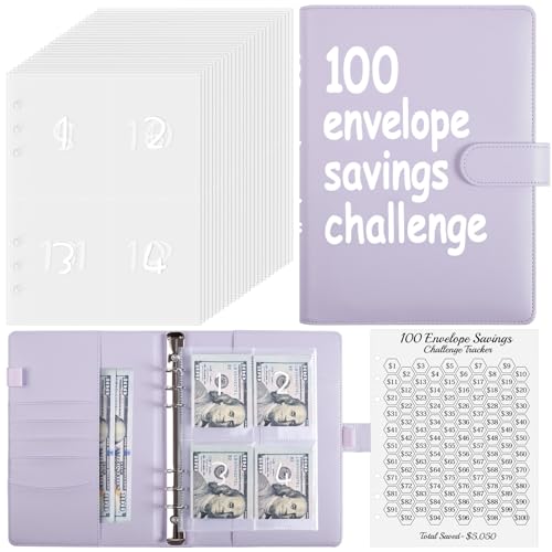 Zuozee 100 Envelopes Money Saving Challenge Binder, A5 Savings Binder with Cash Envelopes, Budget Binder for Planning and Saving $5050, Light Purple