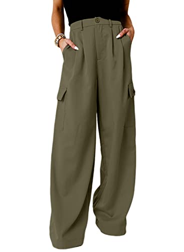 Dokotoo Y2K Cargo Pants Lounge Wide Leg Women's Pants 2023 Fall Clothes Palazzo Dress Fashion Pants for Women High Waisted with Pockets Green