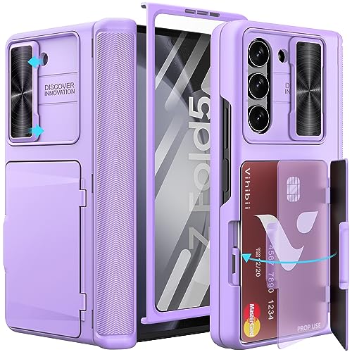 Vihibii for Galaxy Z Fold 5 Case with Card Holder & Hinge Protection & Slide Camera Protection Cover & Screen Protector, Shockproof Rugged Wallet Phone Case for Samsung Galaxy Z Fold 5 2023, Purple