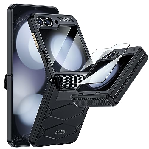 Vizvera for Samsung Galaxy Z Flip 5 Case with Hinge Protection, Flip z 5 Case Built-in Screen Protection HD Clearly All-Inclusive Silicone Shockproof Case for Galaxy z flip 5 (2023)-Armor Black