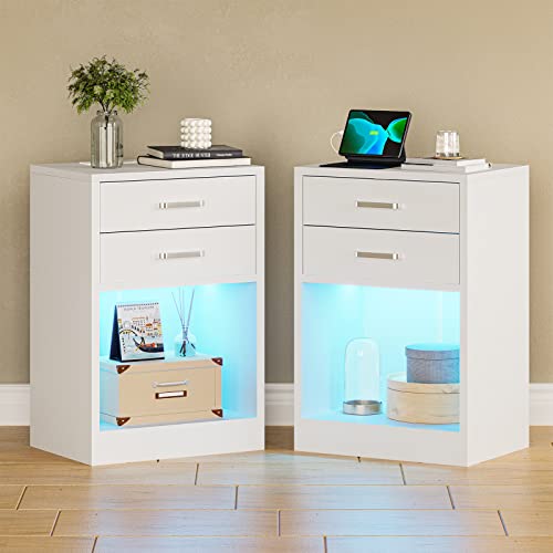 ADORNEVE LED Nightstands Set of 2,Night Stands for Bedrooms Set of 2,Nightstand with Charging Station and LED Lights,White Bedside Table with Power Outlets & Drawers,Modern End Side Table