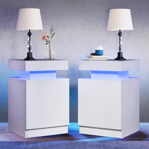 oneinmil Nightstand Set of 2 with LED Lights,Night Stand with Storage Cabinet for Bedroom,Bedside Table with LED, White