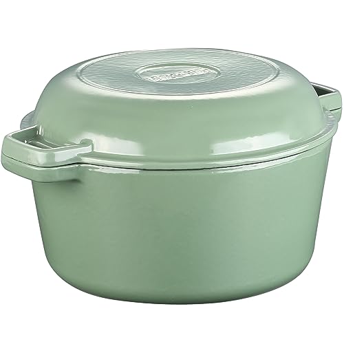 5.5 Quart Enameled Cast Iron Dutch Oven, 2-In-1 Enamel Oven with Skillet Lid for Grill, Stovetop, Induction (Gray Green)
