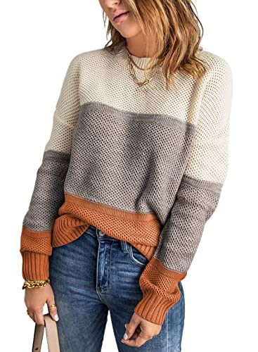 Dokotoo Womens Sweaters Fall 2023 Winter Crewneck Long Bat Sleeve Color Block Pullover Sweaters for Women Casual Knit Pullover Jumper Tops Yellow Large