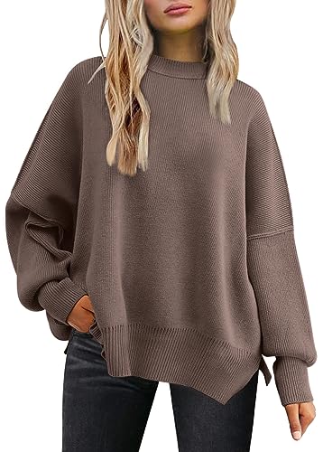 LILLUSORY Winter Clothes for Women Winter Sweaters Women's Crewneck Batwing Long Sleeve Sweater 2023 Fall Oversized Ribbed Knit Side Slit Pullover Top
