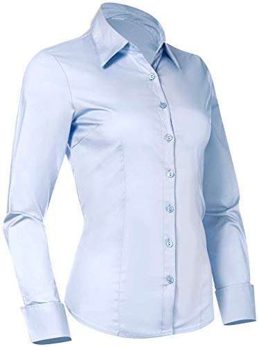 PIER 17 Button Down Shirts for Women, Fitted Long Sleeve Tailored Work Office Blouse (1XL Plus Size, Blue)