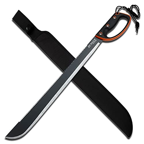 Jungle Master  Machete w/ Reverse Serrations  Black/Satin Blade, Full Tang, Black/Orange Rubberized Nylon Fiber Handle, Nylon Sheath, Outdoor, Hunt, Camp, Hike, Survival, JM-024L