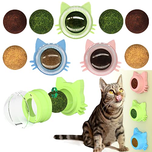 GREMBEB 9PCS Cat Catnip Toys, Cat Toys 3 Flavors Silvervine Ball on Wall, 360Rotatable & Replaceable Kitten Chew Treat for Cleaning Teeth, Kitty Dental Lickable Snack Cat Mint for Indoor