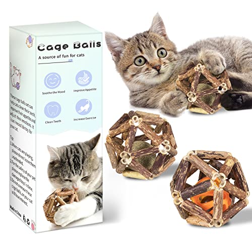 WestMi Catnip Toys, Cat Toys Natural Silvervine Stick Cage Balls and Bell Ball Cat Toys for Indoor Cats, Matatabi Cat Chew Toy and Kitten Cleaning Teeth Molar Tools (3Pcs)