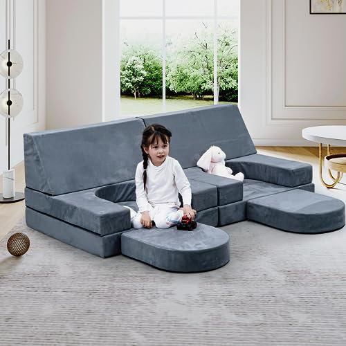 Buytime Kids Couch, Modular Floor Couch with Ottomans, Cozy Toddler Play Sofa Bed with Soft Foam, Playroom and Bedroom Furniture for All Ages, Large