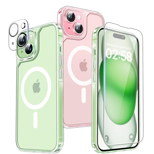 TAURI 5 in 1 Magnetic Case for iPhone 15 Plus [Military Grade Drop Protection] with 2X Screen Protector +2X Camera Lens Protector, Transparent Slim Fit Designed for Mag-Safe Case-Clear