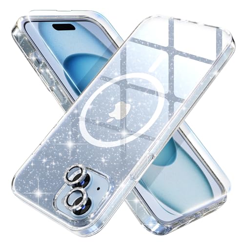 Choiche Compatible for iPhone 15 Plus Case Magnetic, Women Clear Glitter Bling Sparkly Case, [2xDiamond Camera Lens Protectors] [2xTempered Glass Screen Protectors] [Compatible MagSafe]-Glitter Clear