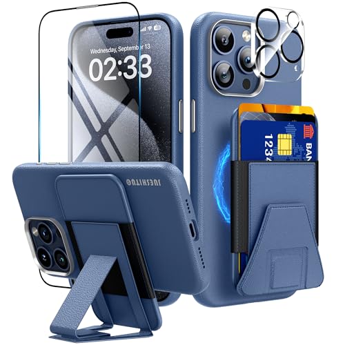 JUESHITUO Magnetic Wallet Case for iPhone 15 ProMax Case Wallet with Card Holder[Magnetic Wallet with Adiustable Stand][No.1 Strong N56 Magnets]+Screen Protector+Camera Lens Protector 6.7in,Blue