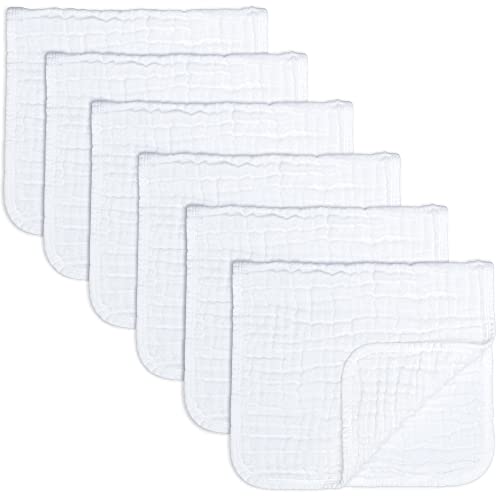 Comfy Cubs Muslin Burp Cloths Large 100% Cotton Hand Washcloths for Babies, Baby Essentials 6 Layers Extra Absorbent and Soft Boys & Girls Baby Rags for Newborn Registry (White, 6-Pack, 20" X10")