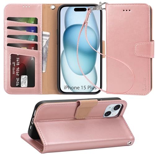 Arae Compatible with iPhone 15 Plus Case with Card Holder and Wrist Strap Wallet Flip Cover for iPhone 15 Plus 6.7 inch,Rose Gold