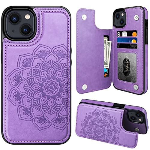 MMHUO for iPhone 15 Plus Case with Card Holder, Flower Magnetic Back Flip Case for iPhone 15 Plus Wallet Case for Women, Protective Case Phone Case for iPhone 15 Plus,Purple