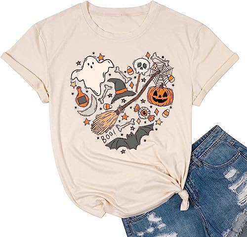 Halloween Doodles Shirt for Women Cute Vintage Graphic Halloween Party Tshirt Short Sleeve Fall Season Tees (L, Beige)