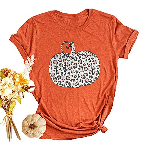 Woffccrd Womens Funny Leopard Pumpkin Printed Shirts Halloween Short Sleeve Graphic Tees Fall T-Shirts Tops (M, Orange-1)