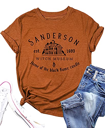 Halloween T Shirt Women Sanderson Sister Letter Print Graphic T-Shirt Hocus Pocus Tees Tops(Khaki, Large)