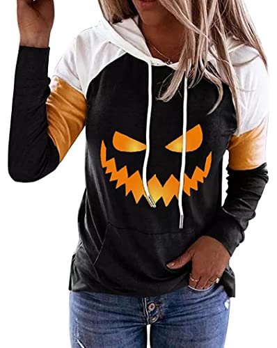 QIANRUO Halloween Hoodie Tshirt for Women Pumpkin Face Graphic Tees Tops Long Sleeve Color Block Pullover Shirt (XL, Black)