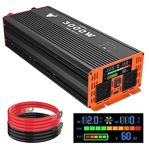 3000 Watt Power Inverter, Car/Home 12V DC to 110V AC Converter, with LED Display, Dual AC Outlets, USB Port, Dual Smart Fans, Cables Included, Suitable for Home, RV