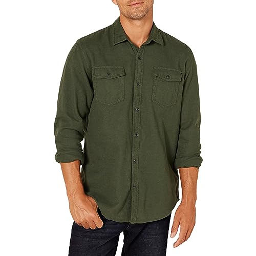 Amazon Essentials Men's Regular-Fit Long-Sleeve Two-Pocket Flannel Shirt, Olive Heather, Large