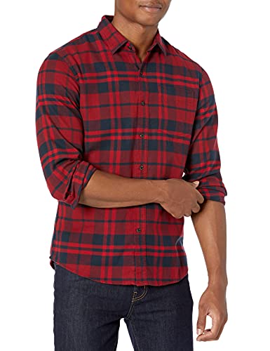 Amazon Essentials Men's Slim-Fit Long-Sleeve Flannel Shirt, Navy Red Plaid, Medium