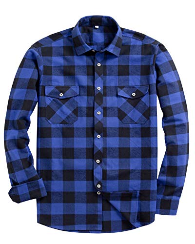 Alimens & Gentle Men's Button Down Regular Fit Long Sleeve Plaid Flannel Casual Shirts Color: Blue, Size: Large