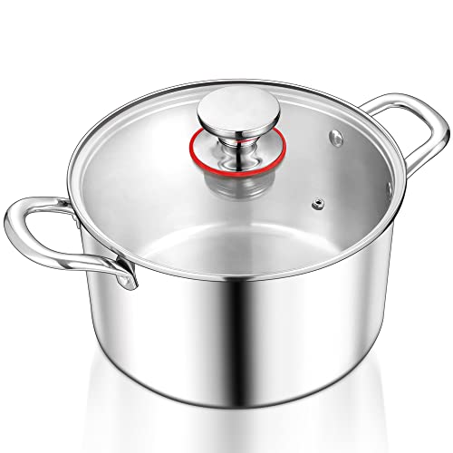 TeamFar 3 Quart Stock Pot, Tri-Ply Stainless Steel Pasta Cooking Pot with Lid, Tempered Glass Lid & Double Side Riveted Handles, Non-Toxic & Healthy, Heavy Duty & Dishwasher Safe