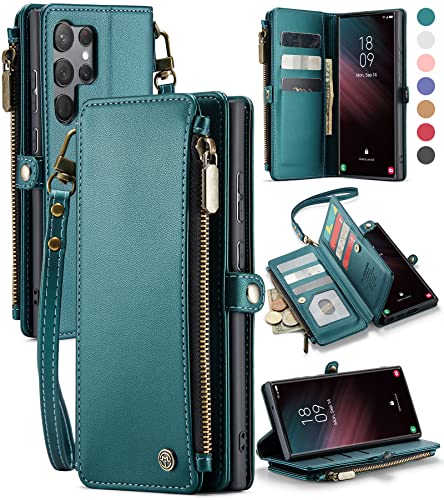 Defencase Samsung Galaxy S23 Ultra Case, Samsung S23 Ultra Wallet Case for Women and Men, RFID Blocking PU Leather Magnetic Flip Strap Zipper Card Holder Case for Galaxy S23 Ultra, Fashion Blue Green