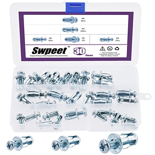 Swpeet 30Pcs M4 M5 M6 Jack Nuts Petal Nuts Expansion Nut Thins Fixings Dowels with Screws Assembly for Hollow Wall Iron Skin Line Use in Thin Soft Wall (Assortment Kit)