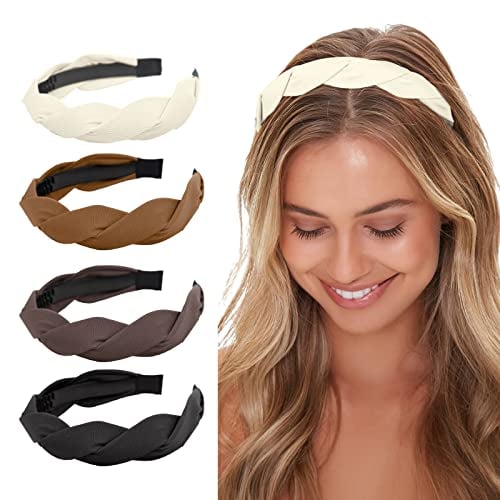 WOVOWOVO 4 Pieces Braided Headband for Women Girls Wide Hairband Fashion Non Slip Hairhoop Weaving Shape Accessories Solid Colors