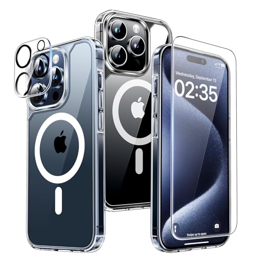 TAURI 5 in 1 Magnetic Case for iPhone 15 Pro Max [Military Grade Drop Protection] with 2X Screen Protector + 2X Camera Lens Protector, Transparent Slim Fit for iPhone 15 ProMax Case Mag-Safe-Clear
