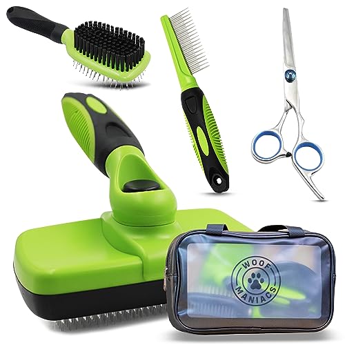 Woof Maniacs Doodle Grooming Kit with Carrying Case - Labradoodle, Goldendoodle, Bernadoodle & Poodle Slicker Brush, Dematting Comb, Grooming Scissors & Detangling Brush - Short & Long Haired Dog Kit