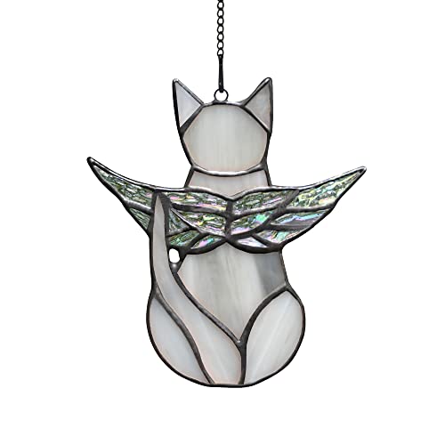 BOXCASA Angel Cat Memorial Gifts,Angel Wing Cat Iridescent Stained Glass Window Hangings,Gray Cat Suncatcher Gifts for Cat Lovers,Loss of Cat Sympathy Gift,Cat Loss Memorial Gift for Women