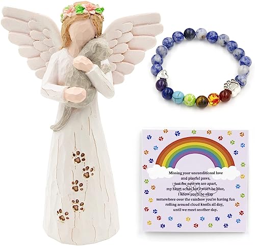 BORLESTA Cat Memorial Gifts,Pet Loss Sympathy Gifts for Cat Lovers, Cat Angel Figurines Cat Remembrance Gifts with 7 Chakra Rainbow Bridge Bracelet