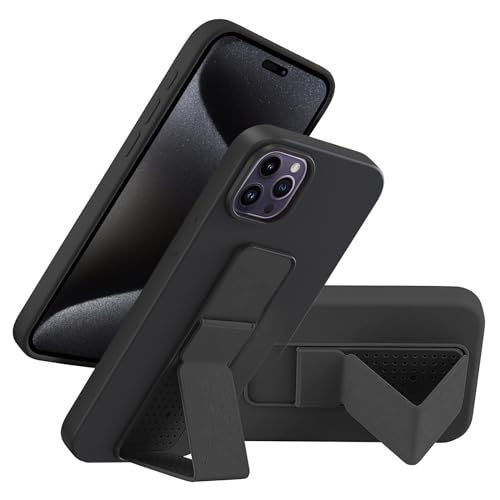 LAUDTEC Silicone Kickstand Case Compatible with iPhone 15 pro case Vertical and Horizontal Stand Hand Strap Metal Kickstand, Flexible Soft Liquid Silicone Stand Case for iPhone 15 pro(Black)