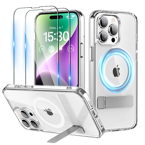Niunisi Magnetic Case for iPhone 15 Pro Case with Stand, Slim Kickstand with Screen Protector Compatible with Magsafe Shockproof Crystal Clear Cases Phone Case Cover 6.1-Inch (2023), Clear