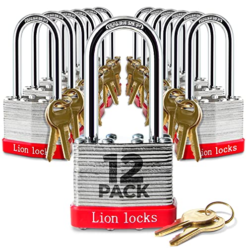 Lion Locks 12 Keyed-Alike Padlocks w/ 2 Long Shackle, 24 Keys, Hardened Steel Case, Pick Resistant Brass Pin Cylinder (12-Pack) for Hasp Latch, Shed, Fence, Gate Chain, Cable, Locker Lock, Gym Door