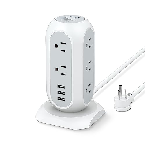 Tower Power Strip Flat Plug with 11 Outlets 3 USB (1 USB C), TESSAN Surge Protector Tower 1875W/15A, 6 Feet Extension Cord with Multiple Outlets, Office Supplies, Desk Accessories, Dorm Essentials