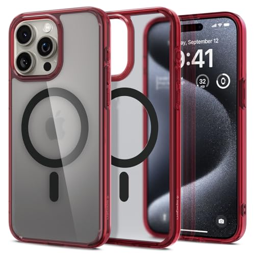 Spigen Magnetic Ultra Hybrid MagFit Designed for iPhone 15 Pro Case, [Anti-Yellowing] [Military-Grade Protection] Compatible with MagSafe (2023) - Deep Red