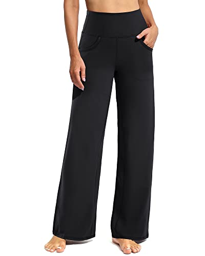 Promover Women's Wide Leg Yoga Pants 30" High Waist Bootcut Sweatpants for Workout Lounge Stretch Pants with Pockets Loose (Black,M,30")