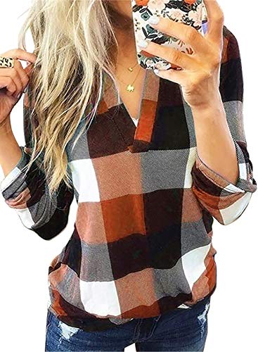 Dokotoo Women's 3/4 Sleeve Plaid V Neck Tunic Blouse - Casual Cotton Spring Summer Fall Shirt for Work Fashion Orange
