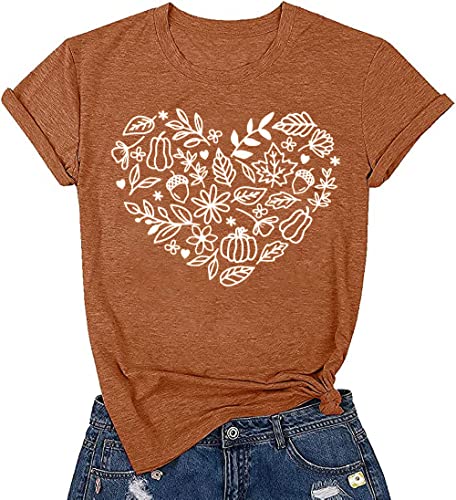 Fall Heart T-Shirt for Women Family Halloween Thanksgiving Tops Cute Autumn Floral Pumpkin Heart Graphic Tees(As Shown,M)