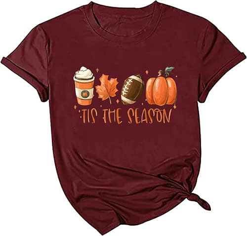 SUEOSU Fall T-Shirt for Women Halloween Pumpkin Shirt Tis The Season Football Graphic Shirts Casual Autumn Tee Tops.Dark PurpleL